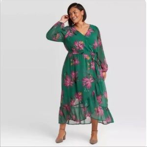 Floral green maxi faux wrap dress